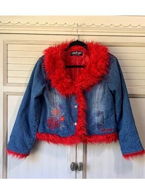Vintage Women’s Baby Girl Brand Denim Jacket Red Fur Collar Trim Y2k